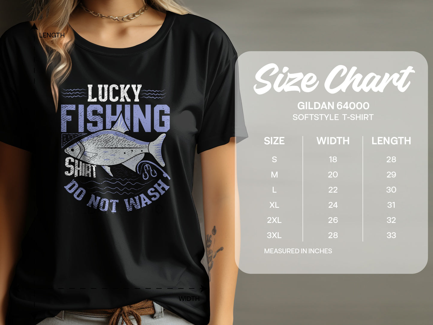Black t-shirt with "Lucky Fishing" graphic and size chart.