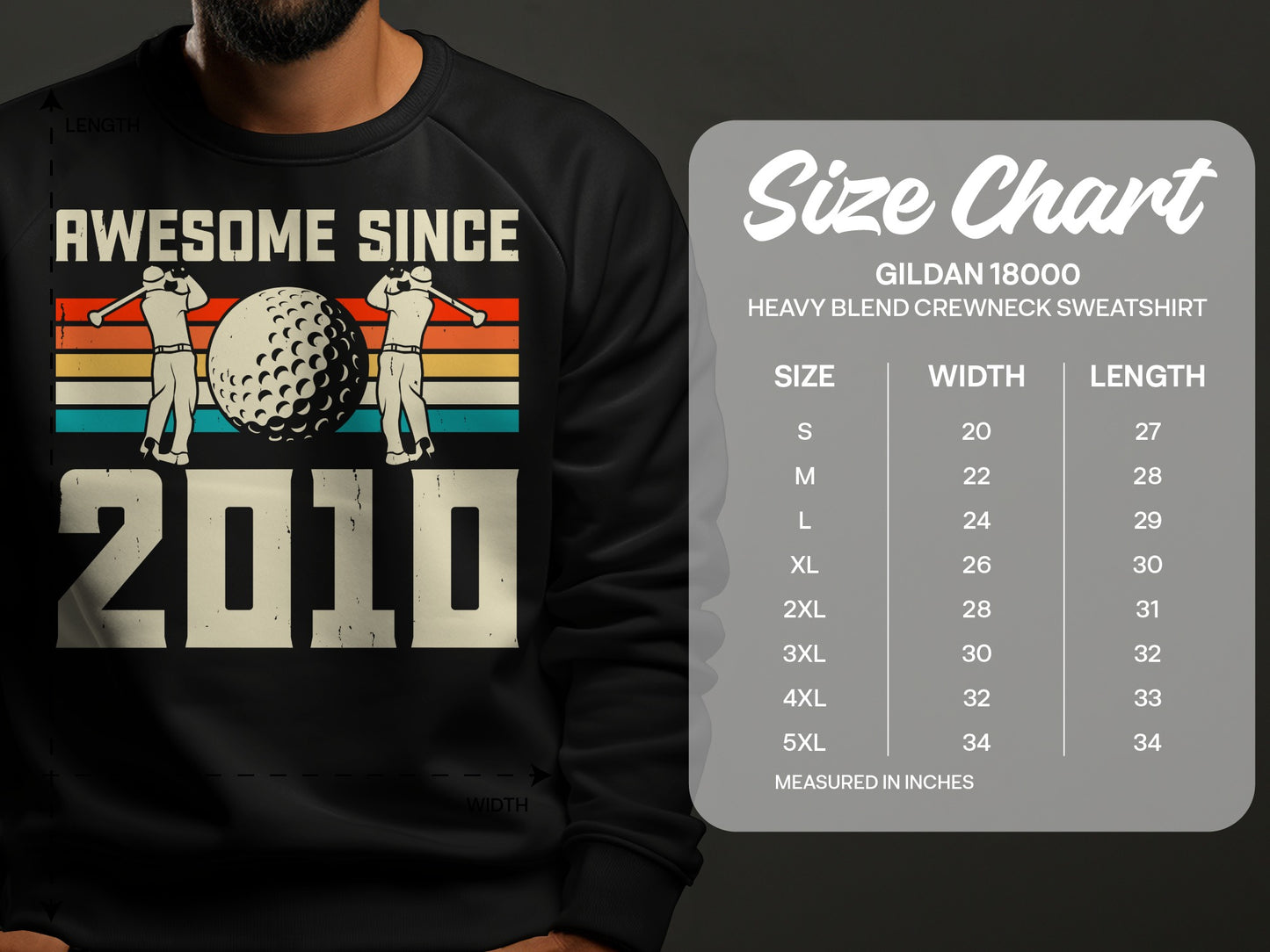 Men's "Awesome Since 2010" sweatshirt with golf graphic and size chart.
