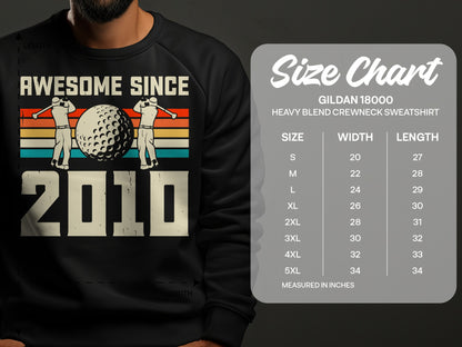 Men's "Awesome Since 2010" sweatshirt with golf graphic and size chart.