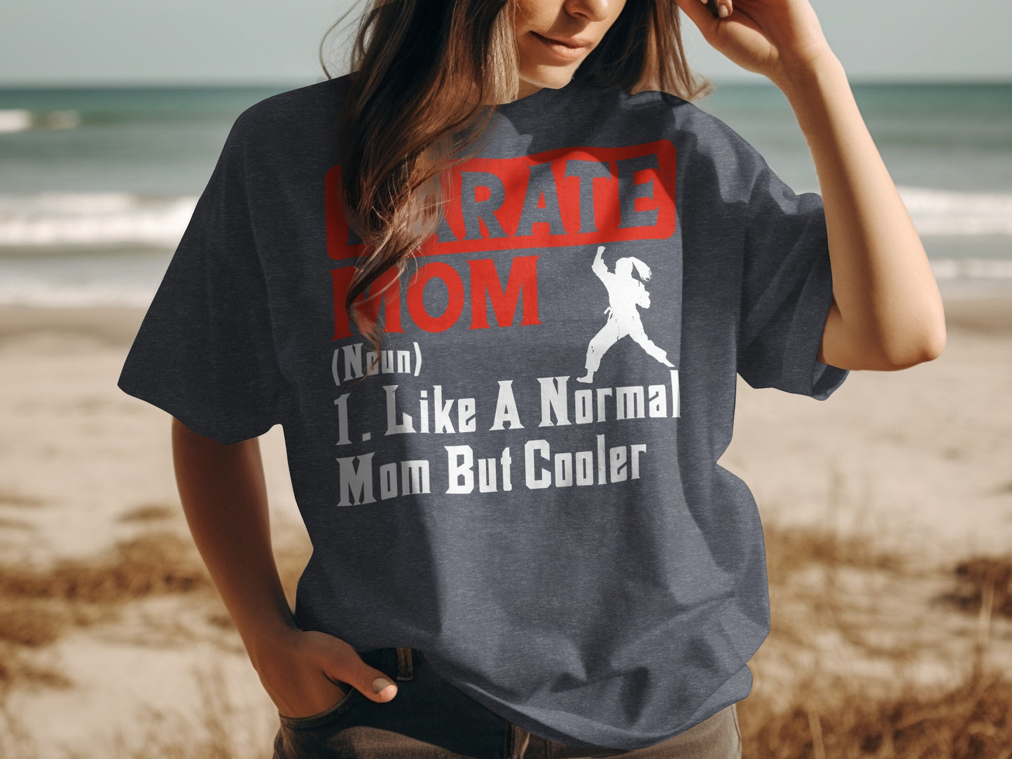 Karate Mom shirt with text and a karate silhouette.