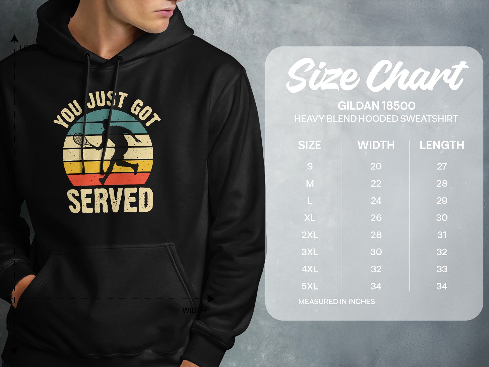 Hoodie with "You Just Got Served" tennis graphic and size chart.
