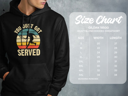 Hoodie with "You Just Got Served" tennis graphic and size chart.