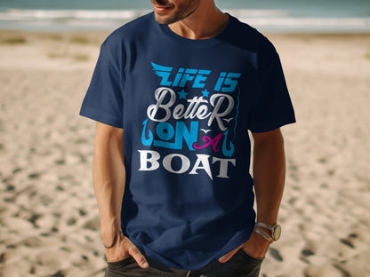 Navy t-shirt with "Life is Better on a Boat" graphic on a man.