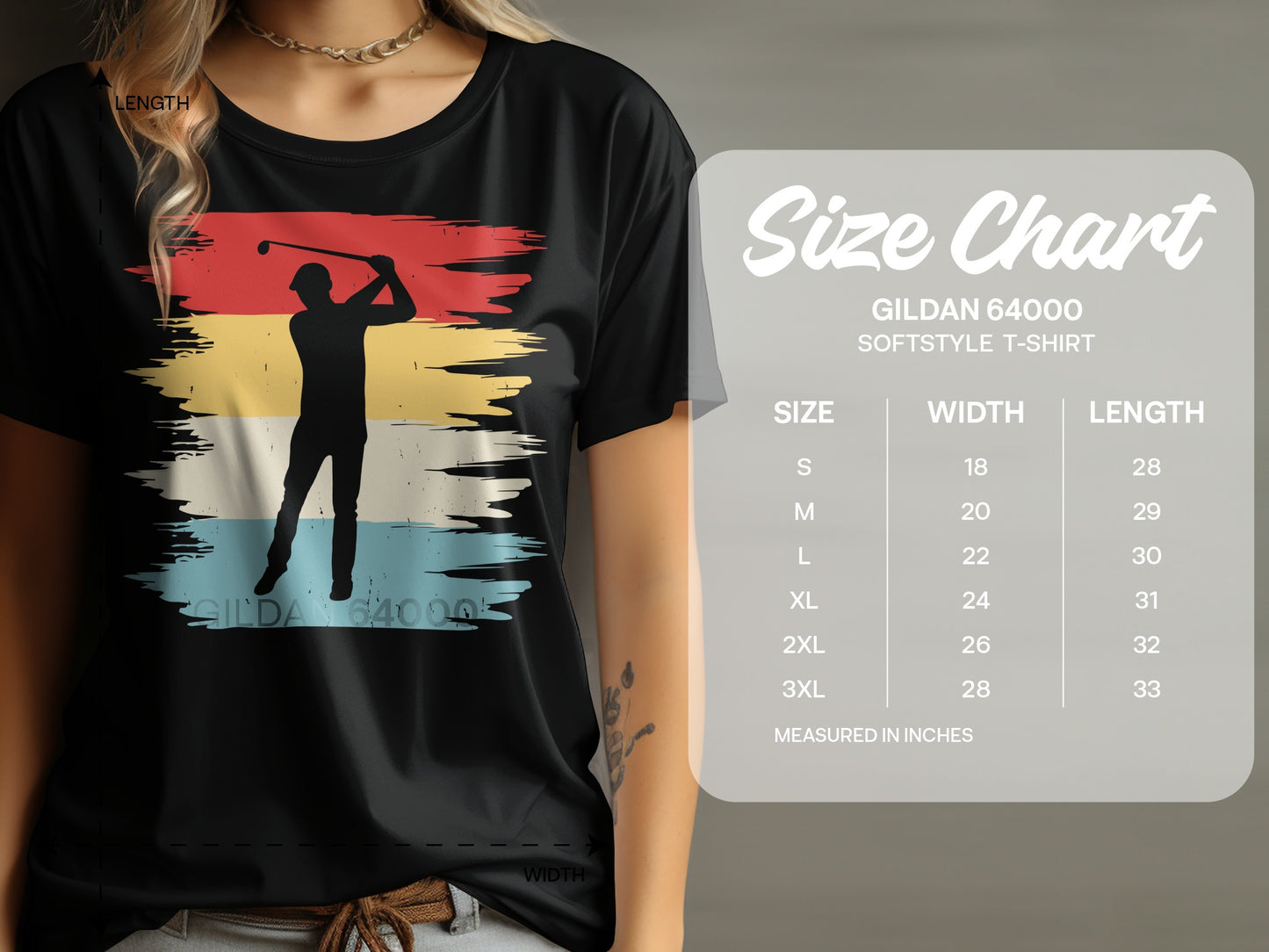 T-shirt size chart for Gildan 64000 Softstyle T-shirt.