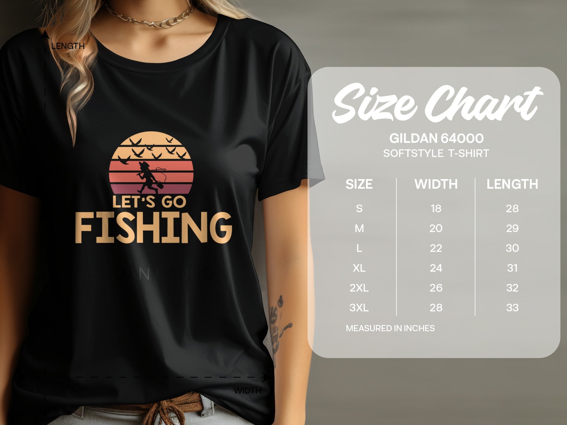 T-shirt size chart with chest width and length measurements for Gildan 64000.