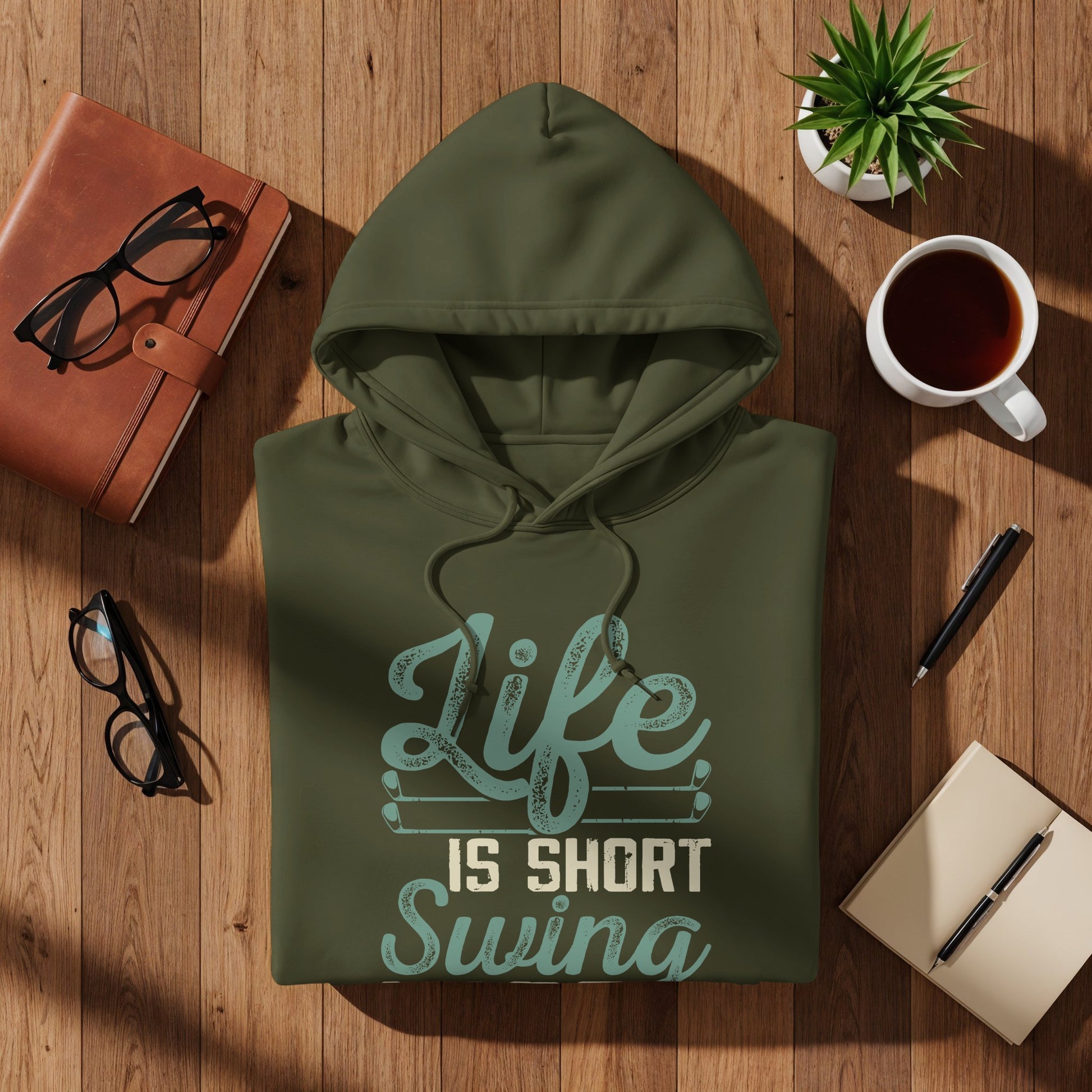 Olive green hoodie with "Life is Short Swing" text.
