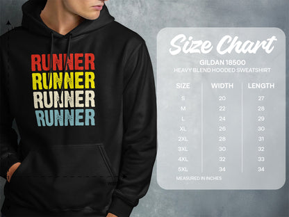Hooded sweatshirt size chart with running graphic and measurements.