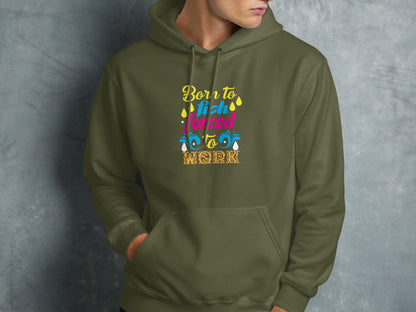 Olive green hoodie with "Born to fish, forced to work" text and truck graphic.