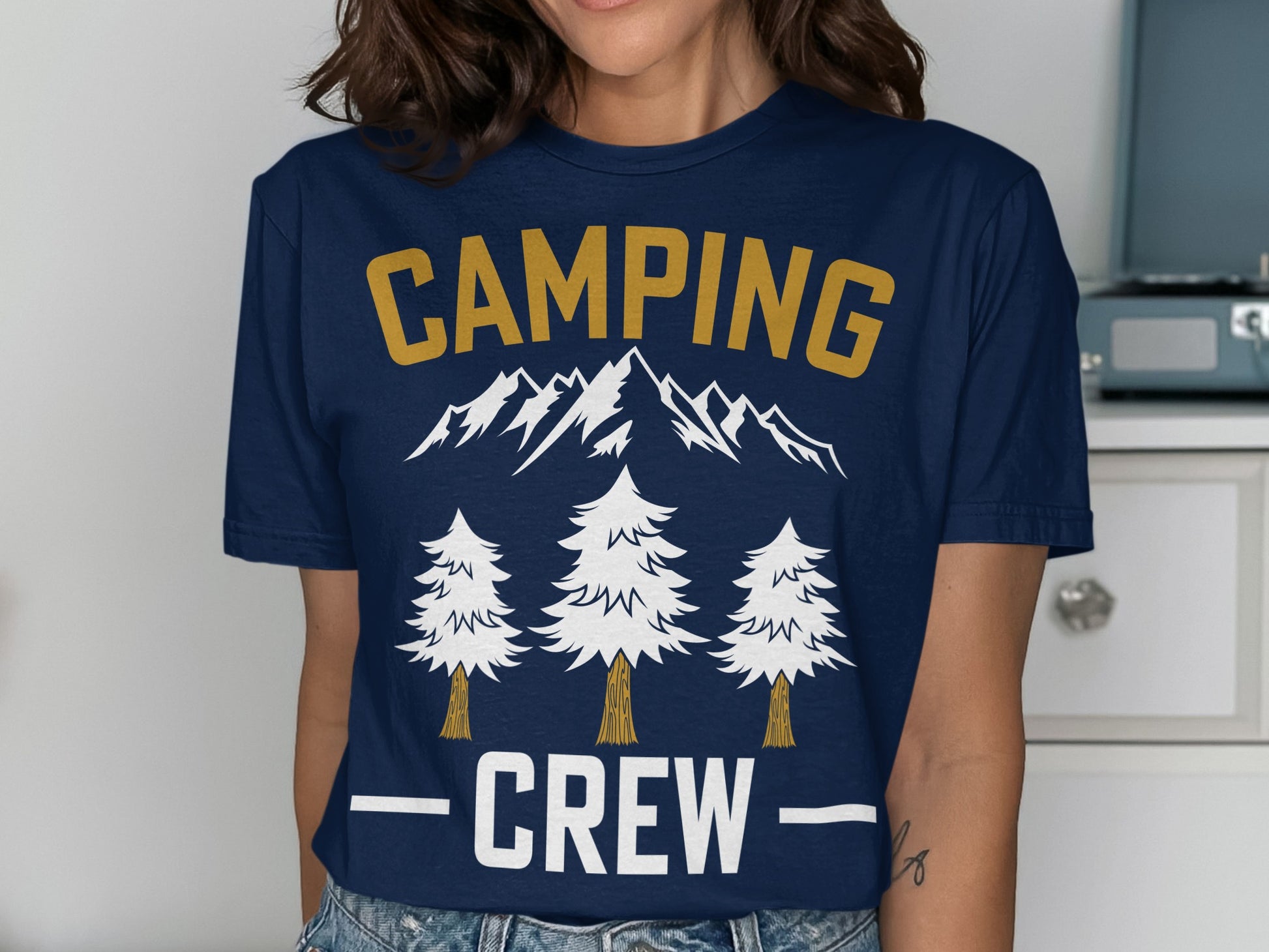 Navy t-shirt with "CAMPING CREW" and mountain, tree graphic.