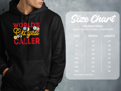 Hoodie with "World's Greatest Caller" graphic and size chart.