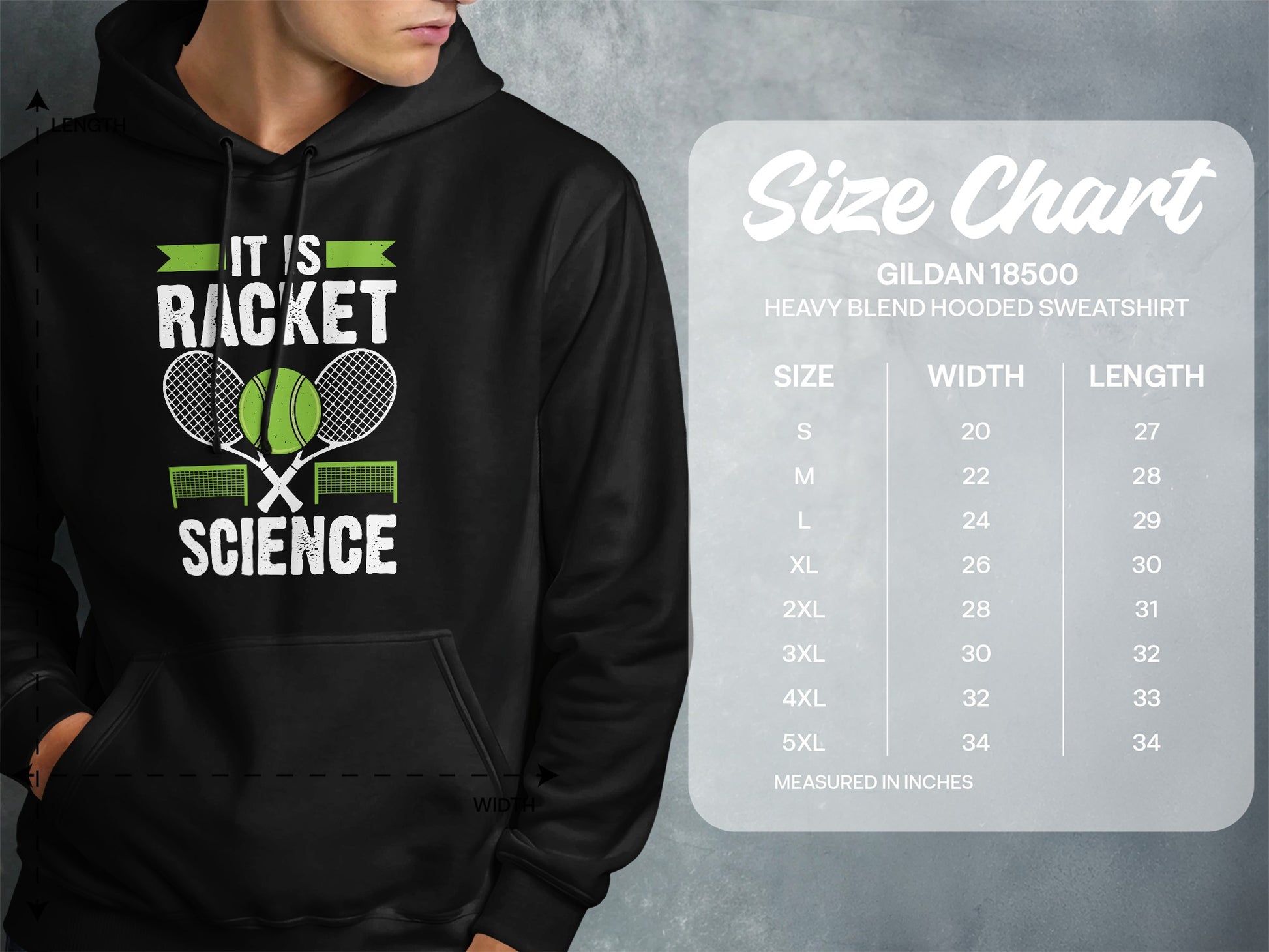 Size chart for Gildan 18500 hooded sweatshirt with racket and tennis ball graphic.