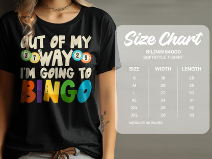Black t-shirt with colorful "I'M GOING TO BINGO" text and size chart.