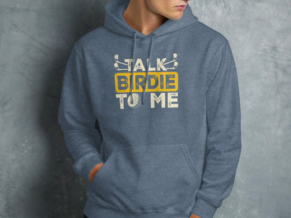 Blue hoodie with "TALK BIRDIE TO ME" text and golf imagery.