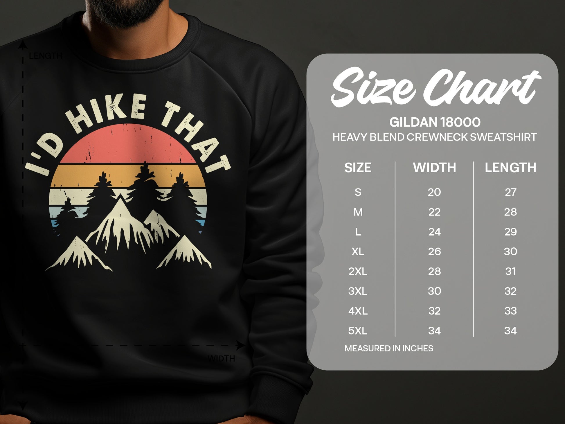 I'd Hike That graphic on a crewneck sweatshirt with size chart.