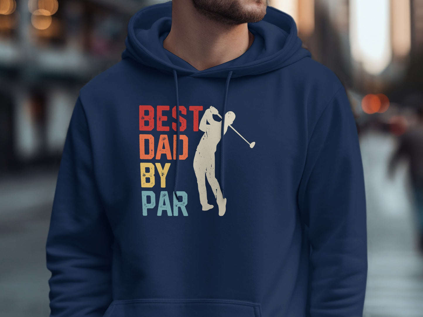Navy hoodie with "BEST DAD BY PAR" text and golfer graphic.