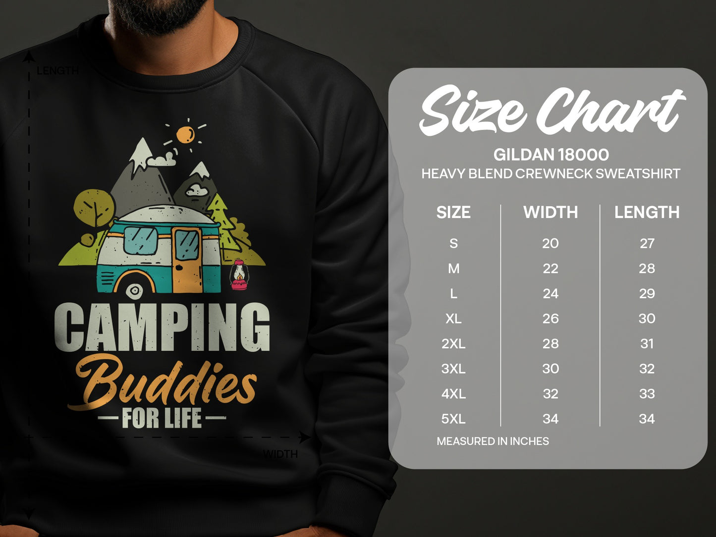 Camping Buddies for Life graphic on a sweatshirt with size chart.