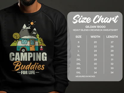 Camping Buddies for Life graphic on a sweatshirt with size chart.