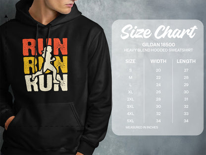 Hooded sweatshirt with "RUN RUN RUN" graphic and Gildan 18500 size chart.