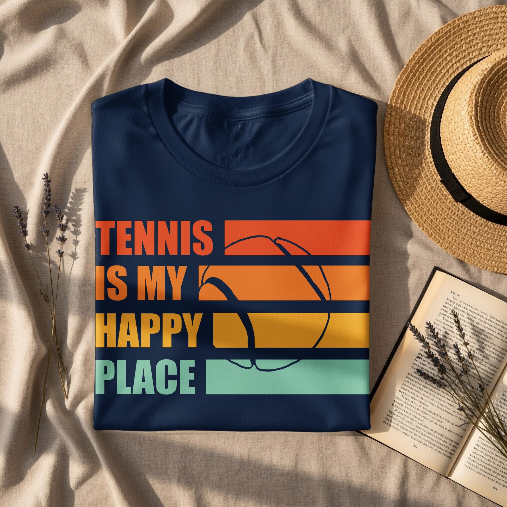 Navy t-shirt with "TENNIS IS MY HAPPY PLACE" and a colorful tennis ball graphic.