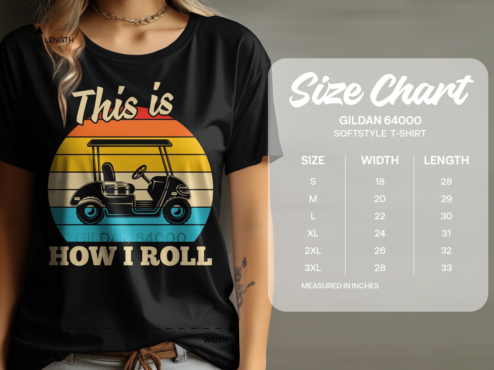 T-shirt graphic with golf cart and sunset, alongside a Gildan 64000 size chart.