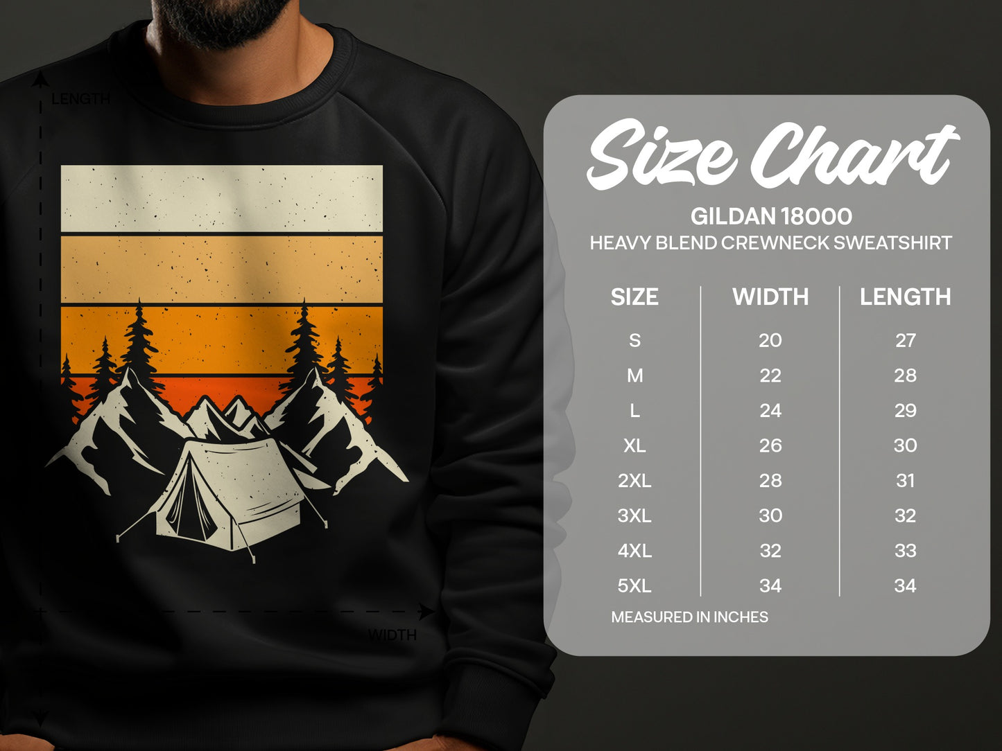 Gildan 18000 sweatshirt size chart with tent and mountain graphic.
