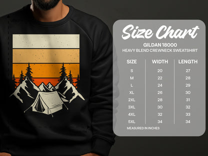 Gildan 18000 sweatshirt size chart with tent and mountain graphic.