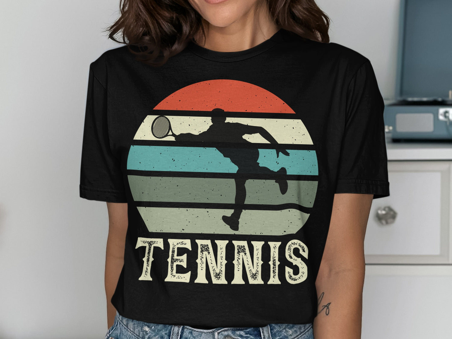 Retro tennis graphic with player silhouette on striped sunset background.
