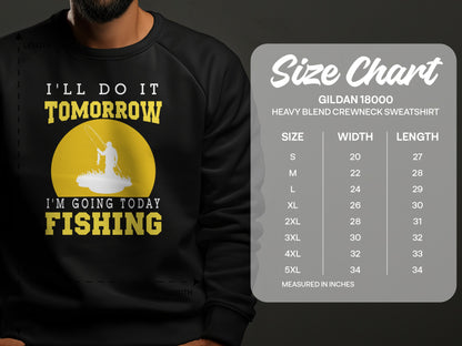 Gildan 18000 sweatshirt size chart with fishing graphic.