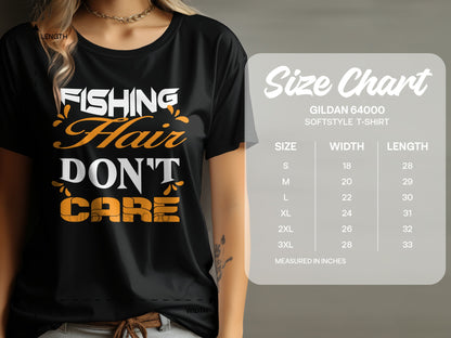 Black t-shirt with "FISHING HAIR DON'T CARE" graphic and size chart.