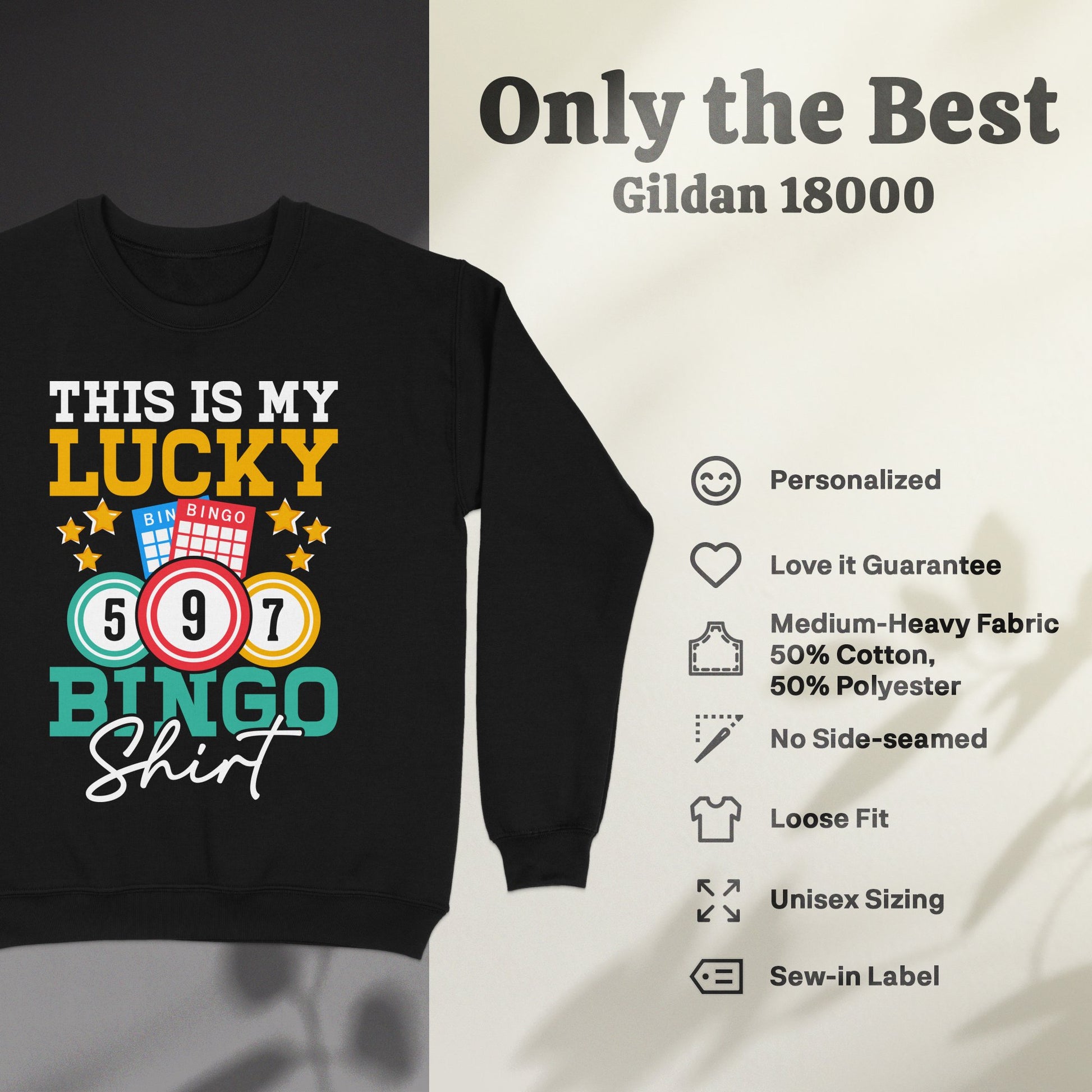 Black sweatshirt with "THIS IS MY LUCKY BINGO Shirt" graphic.