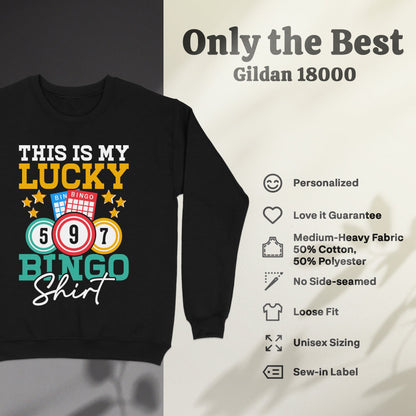 Black sweatshirt with "THIS IS MY LUCKY BINGO Shirt" graphic.