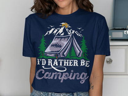 Navy t-shirt with tent, mountains, and "I'd Rather Be Camping" text.