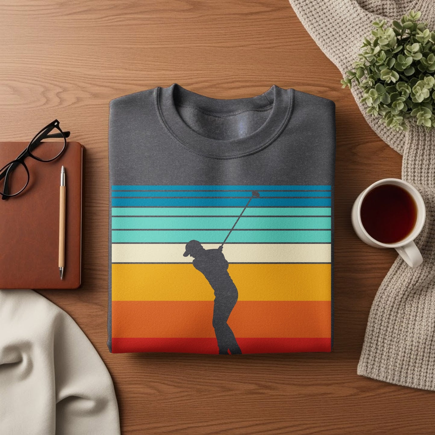 Dark gray sweatshirt featuring a golfer silhouette against a retro sunset stripe background.
