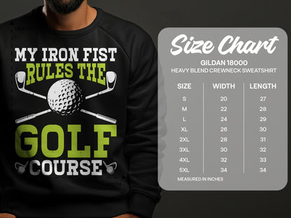 Gildan 18000 sweatshirt size chart with golf graphic.