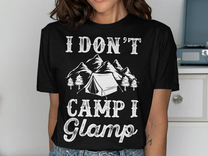 Black t-shirt with "I DON'T CAMP I Glamp" text and mountain and tent graphic.
