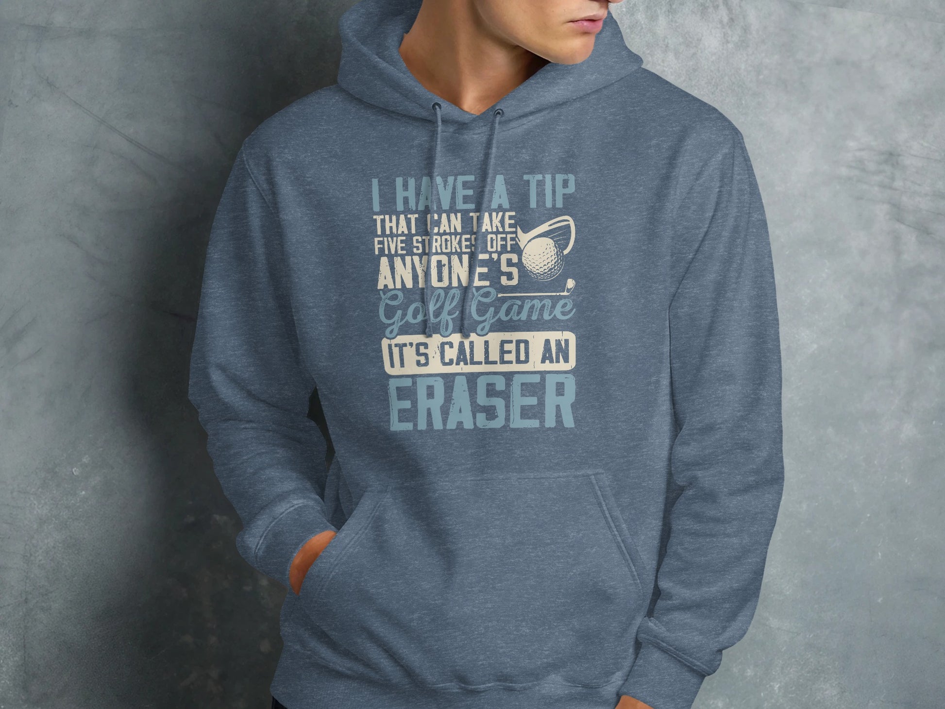 Blue hooded sweatshirt with "Golf Game" and "ERASER" text.