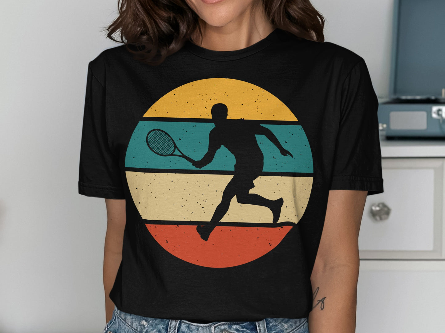 Black silhouette of a tennis player against a retro sunset circle graphic.