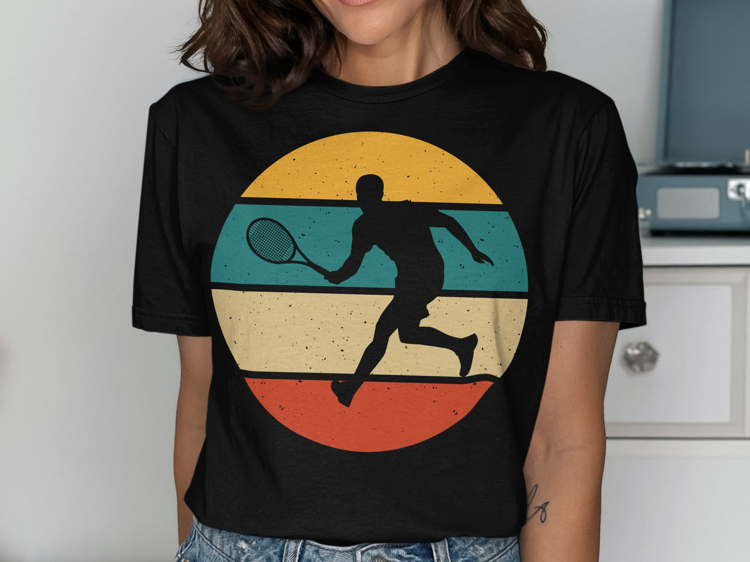 Black silhouette of a tennis player against a retro sunset circle graphic.