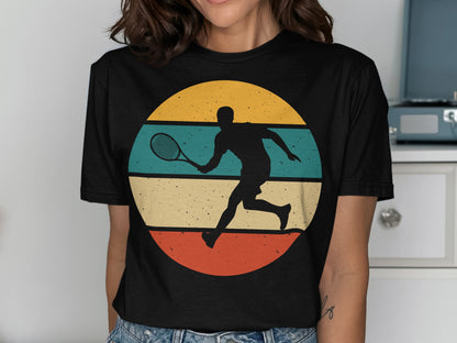Black silhouette of a tennis player against a retro sunset circle graphic.