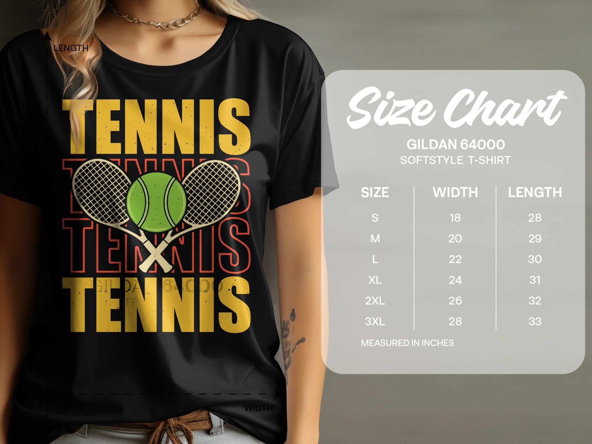 T-shirt with "TENNIS" text and crossed tennis rackets. Size chart included.