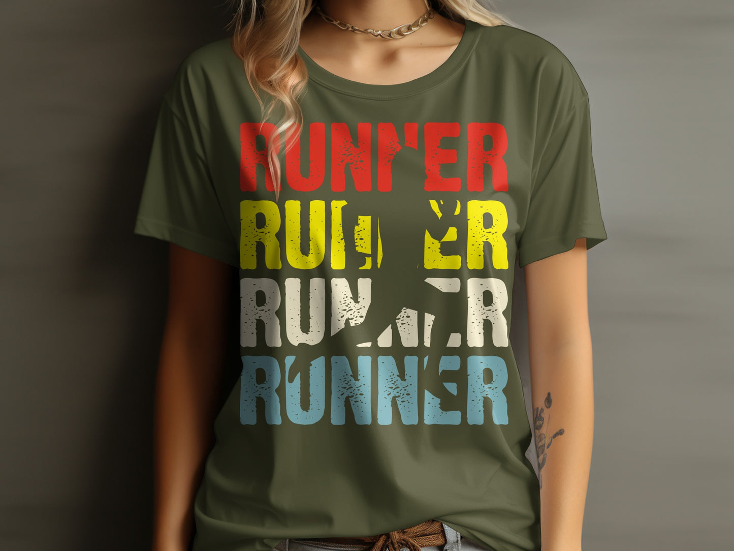 Olive green t-shirt with "RUNNER" in red, yellow, and white, and runner silhouette.