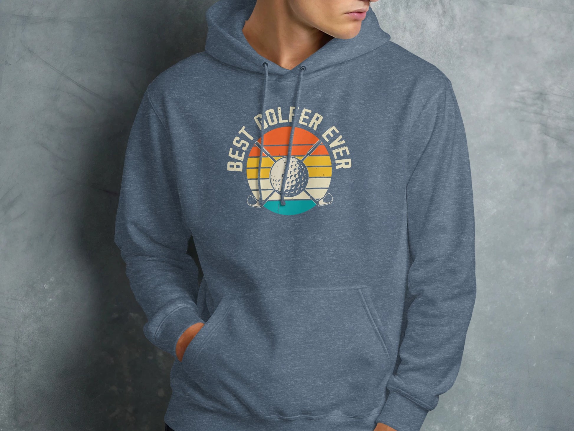Blue hoodie with "Best Golfer Ever" and golf ball and clubs graphic.