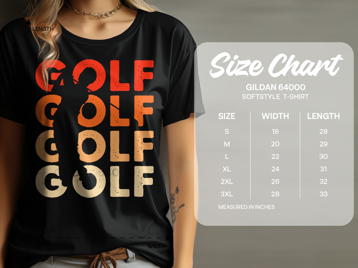 T-shirt with "GOLF" repeated four times, next to a size chart.