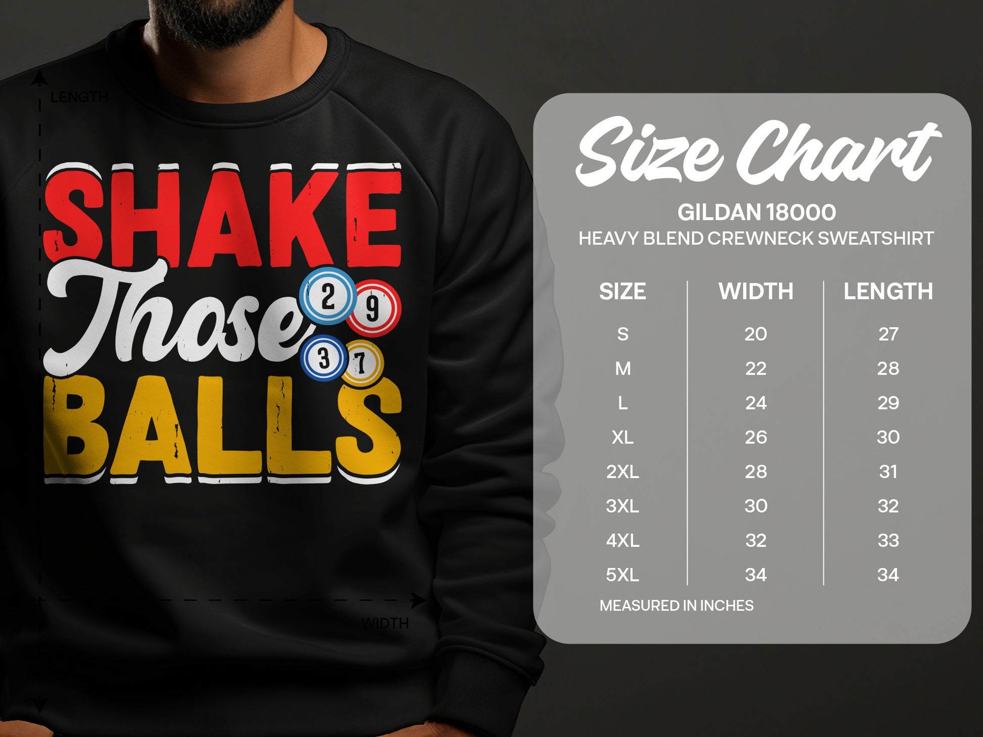 Sweatshirt graphic with "Shake Those Balls" text and a size chart.