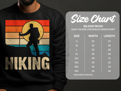 Size chart for Gildan 18000 Heavy Blend sweatshirt with hiking graphic.