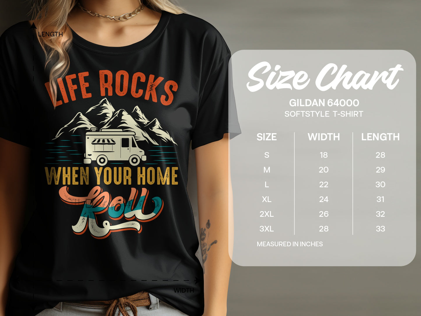 Graphic t-shirt with "Life Rocks When Your Home Roll" text and RV illustration, next to a size chart.