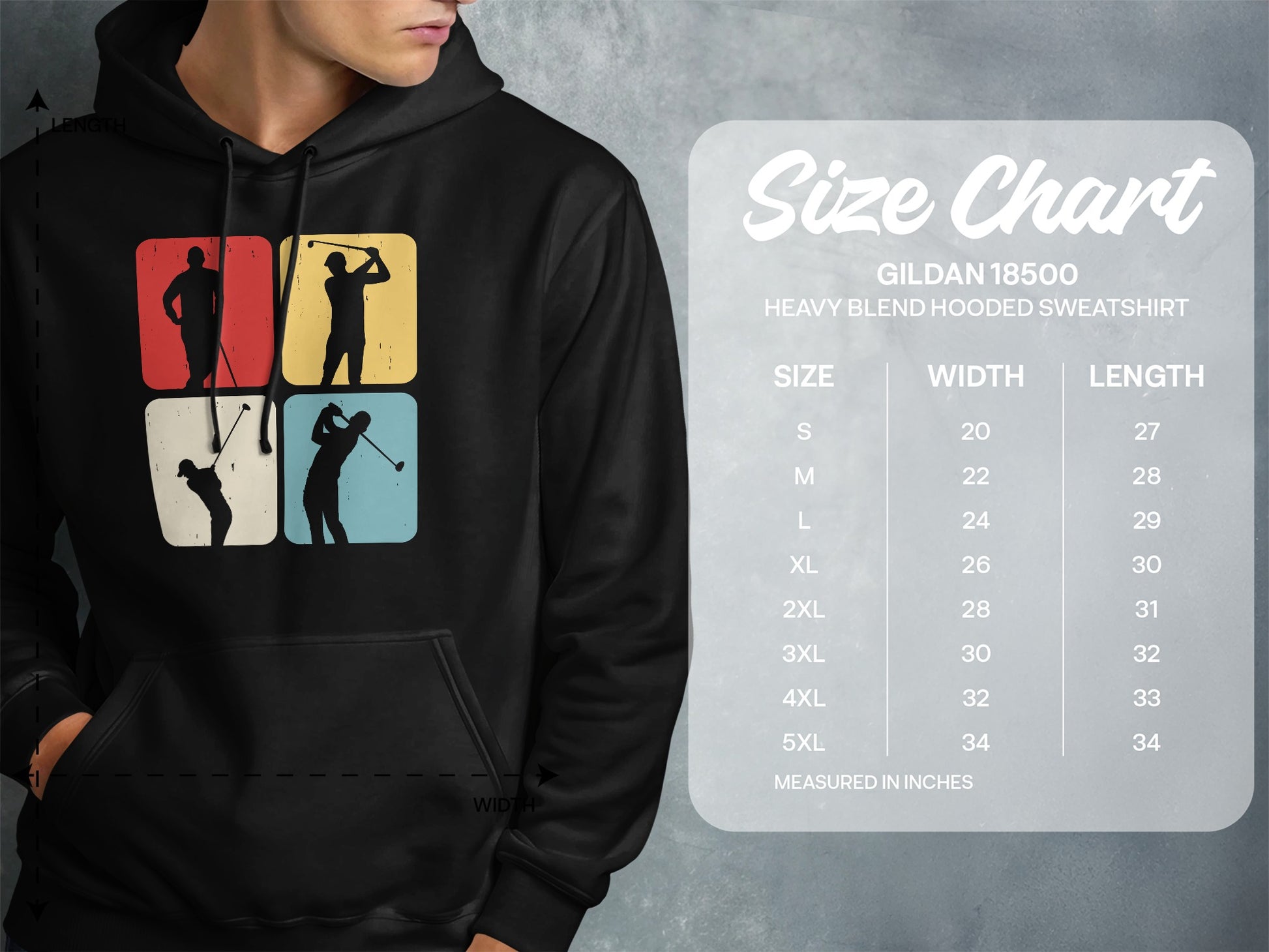 Gildan 18500 hooded sweatshirt size chart with measurements.