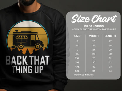 Black sweatshirt with "Back That Thing Up" graphic and size chart.