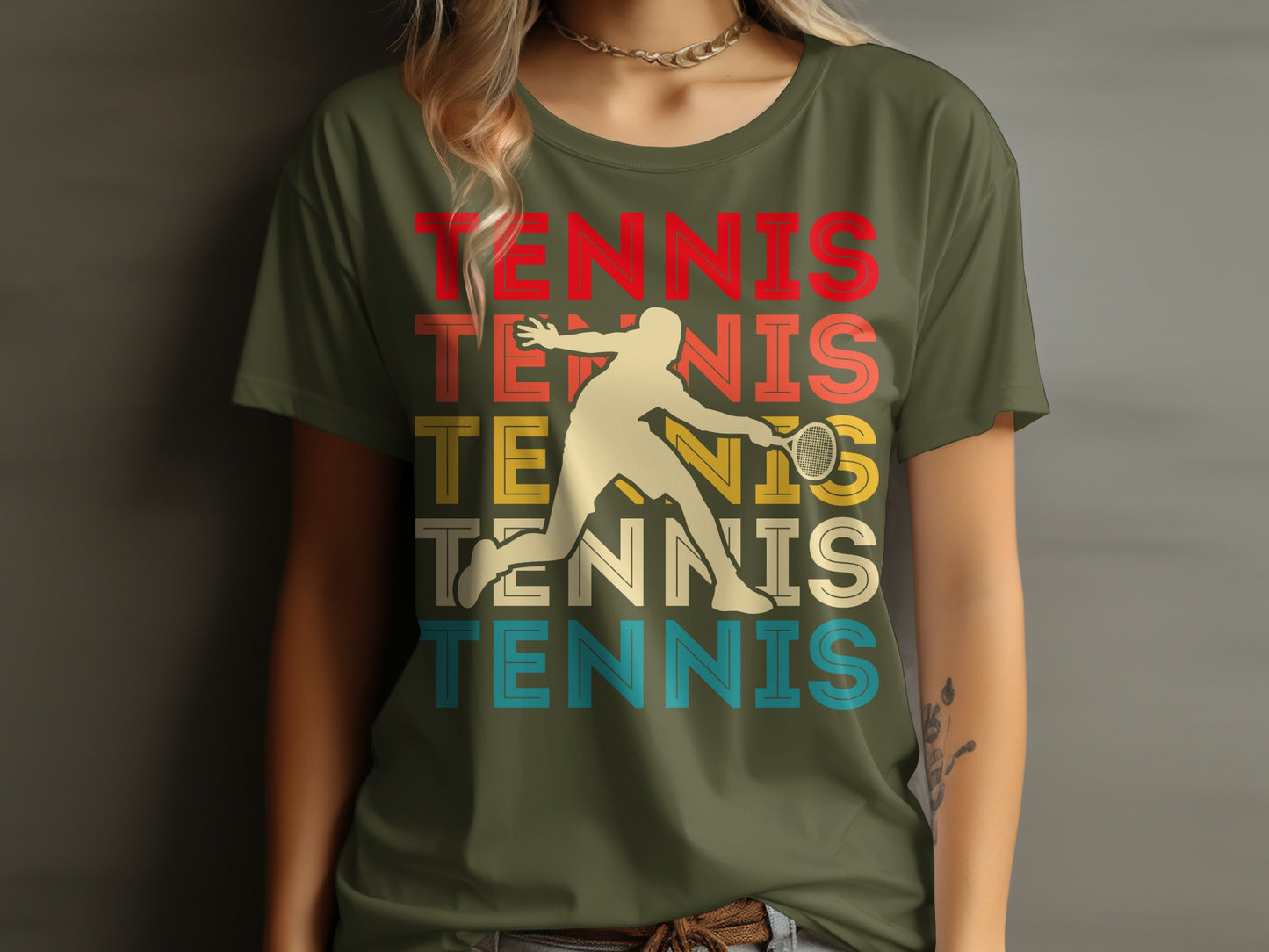 Retro graphic t-shirt with "TENNIS" text and a tennis player silhouette.
