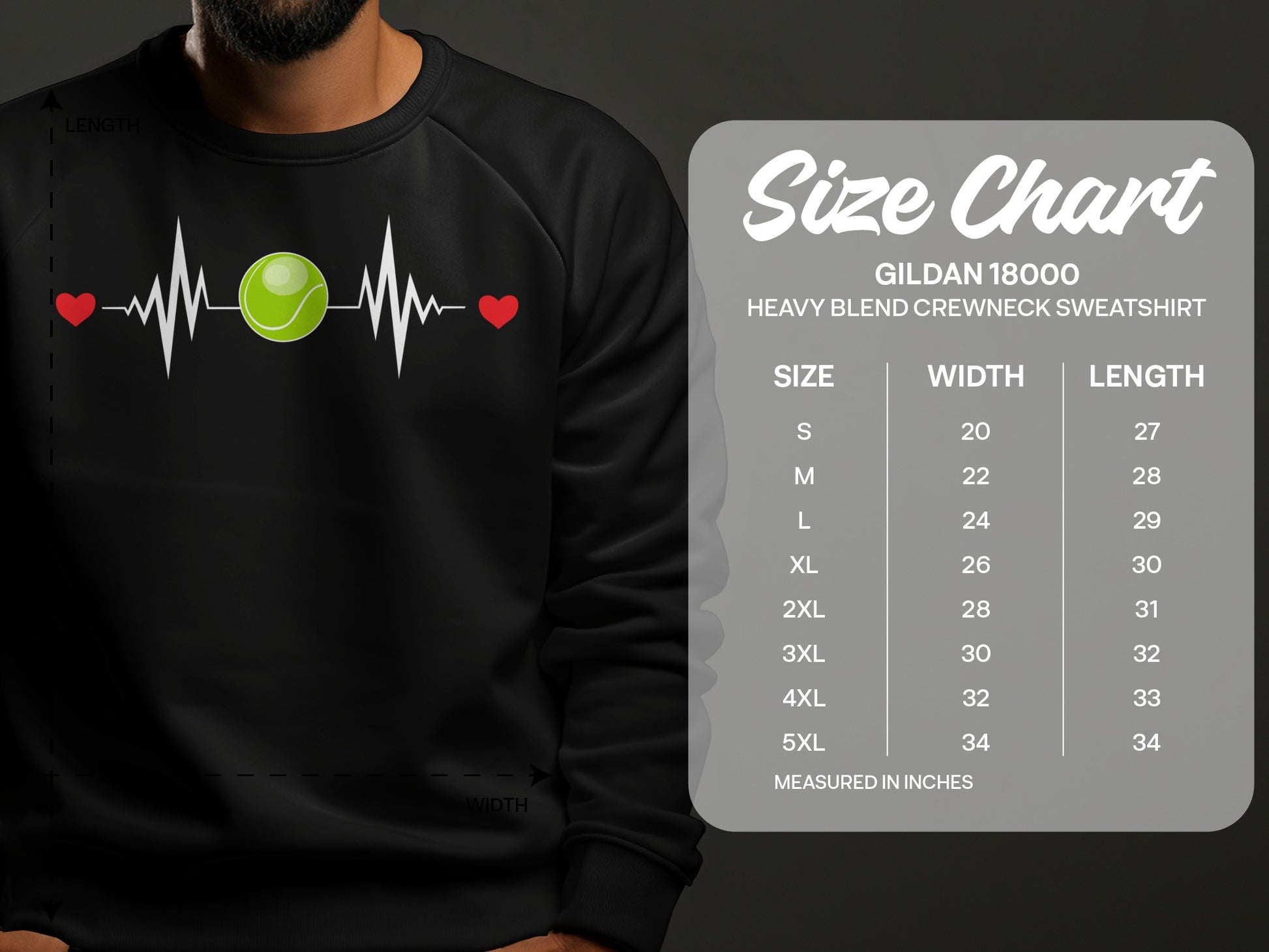 Gildan 18000 sweatshirt size chart with heart and tennis ball graphic.